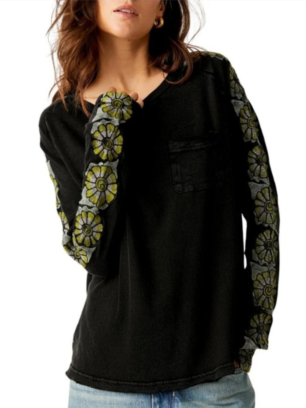 Free People On the Vine Print Sleeve Rib Top Size Small
